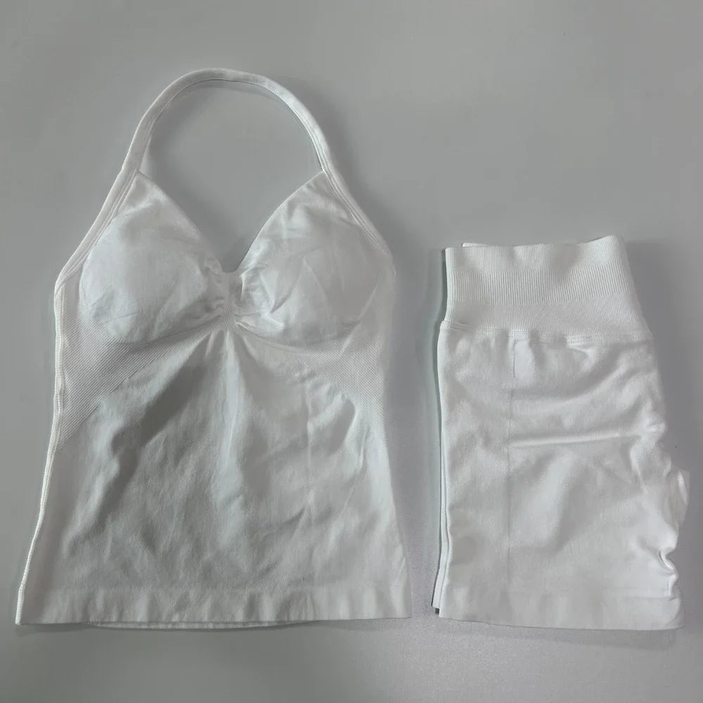 2Pcs Gym Set Women Backless Tank Tops High Waist Scrunch Seamless Shorts Gym Suit Fitness Clothes Activewear Workout Sets