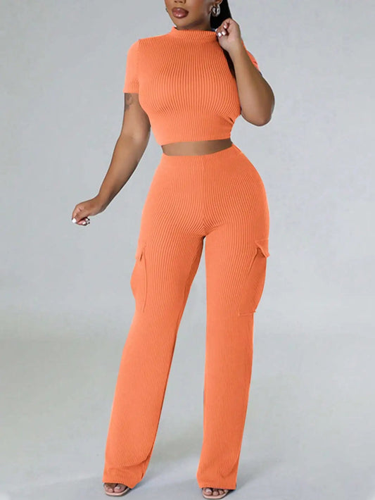 Women's Ribbed Two-Piece Tracksuit Set - Short Sleeve Crop Top & High Waisted Wide Leg Pants - Casual Sporty Outfit for Gym