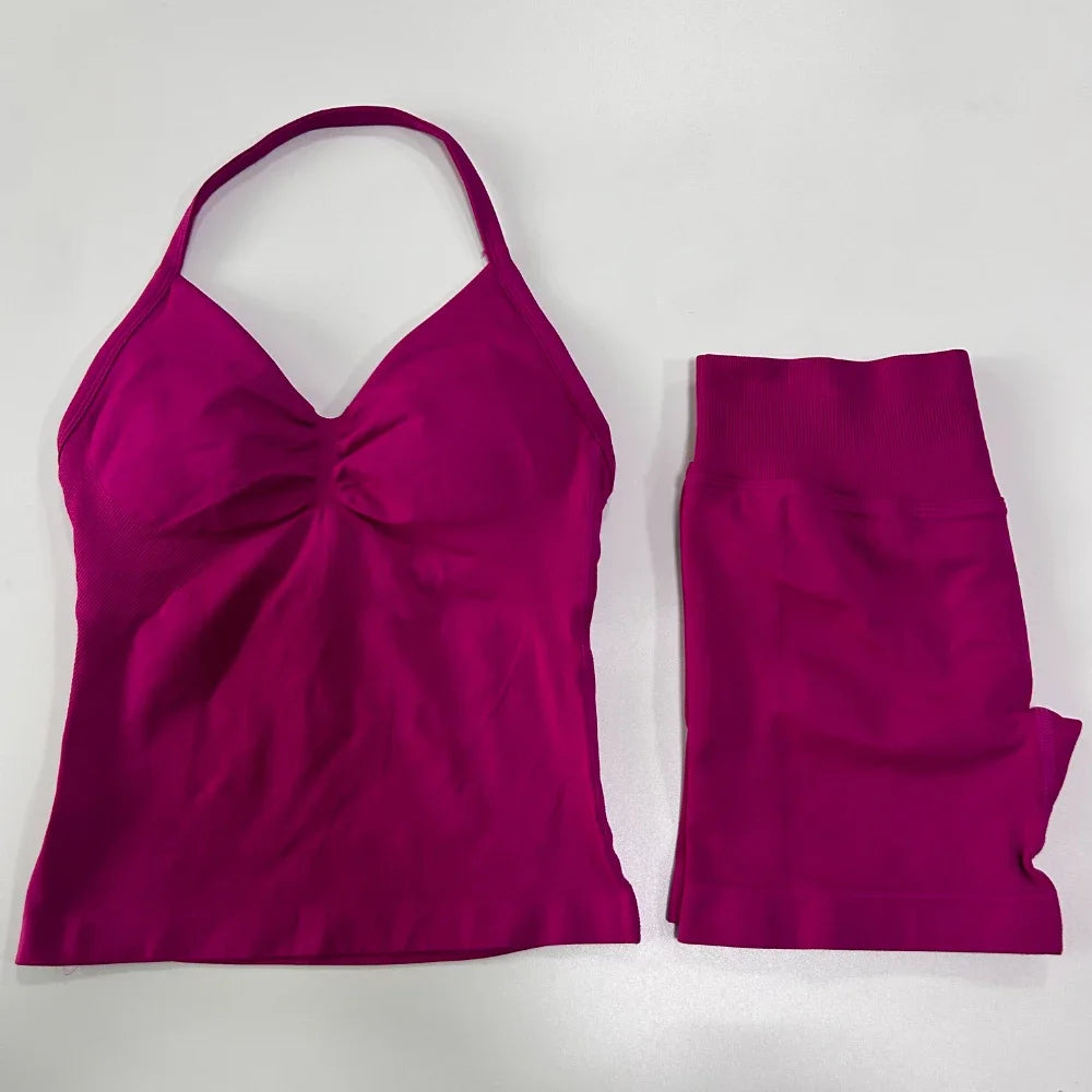 2Pcs Gym Set Women Backless Tank Tops High Waist Scrunch Seamless Shorts Gym Suit Fitness Clothes Activewear Workout Sets