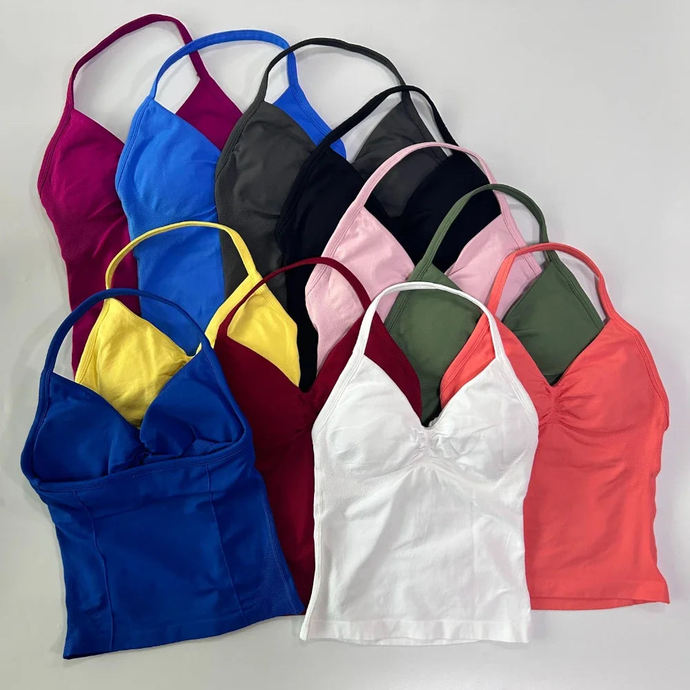 2Pcs Gym Set Women Backless Tank Tops High Waist Scrunch Seamless Shorts Gym Suit Fitness Clothes Activewear Workout Sets