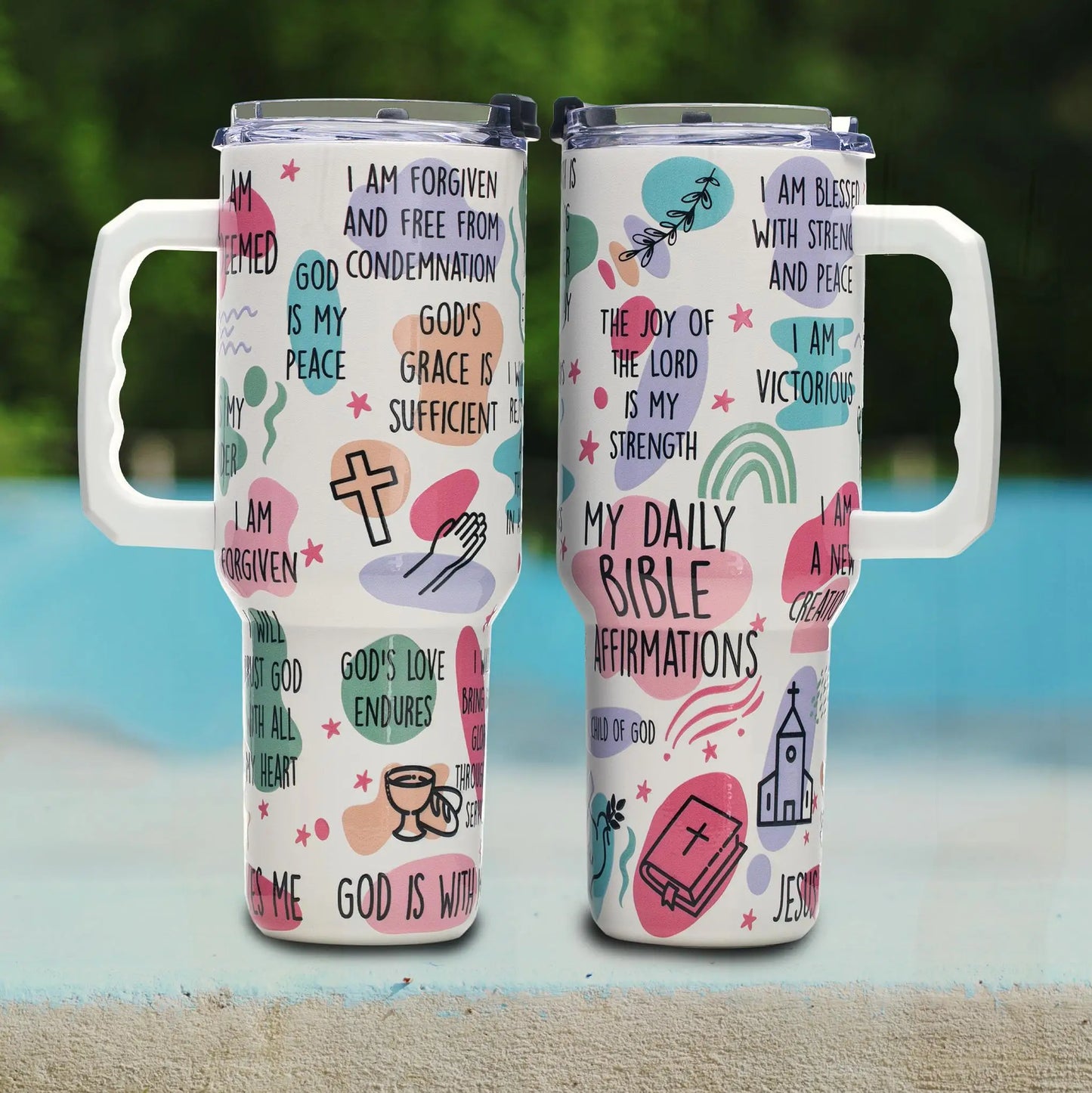 40oz Christian Tumbler with Daily Affirmations, Stainless Steel Vacuum Insulated Cup with Handle, Inspirational Gift for Her