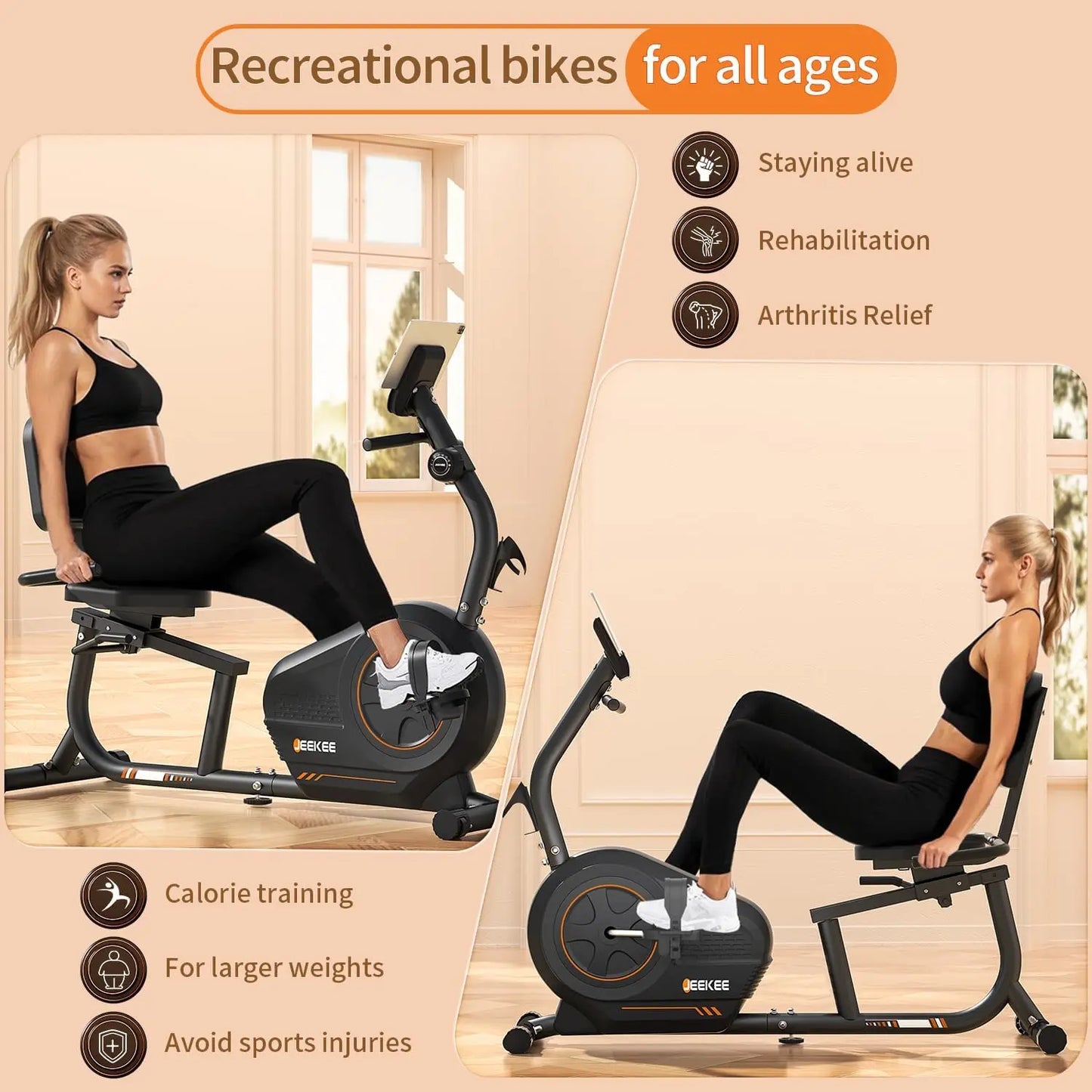 Recumbent Exercise Bike for Seniors,Stationary Bikes for Home, 300LB Capacity & 16 Levels Magnetic Resistance, Heart Rate Handle