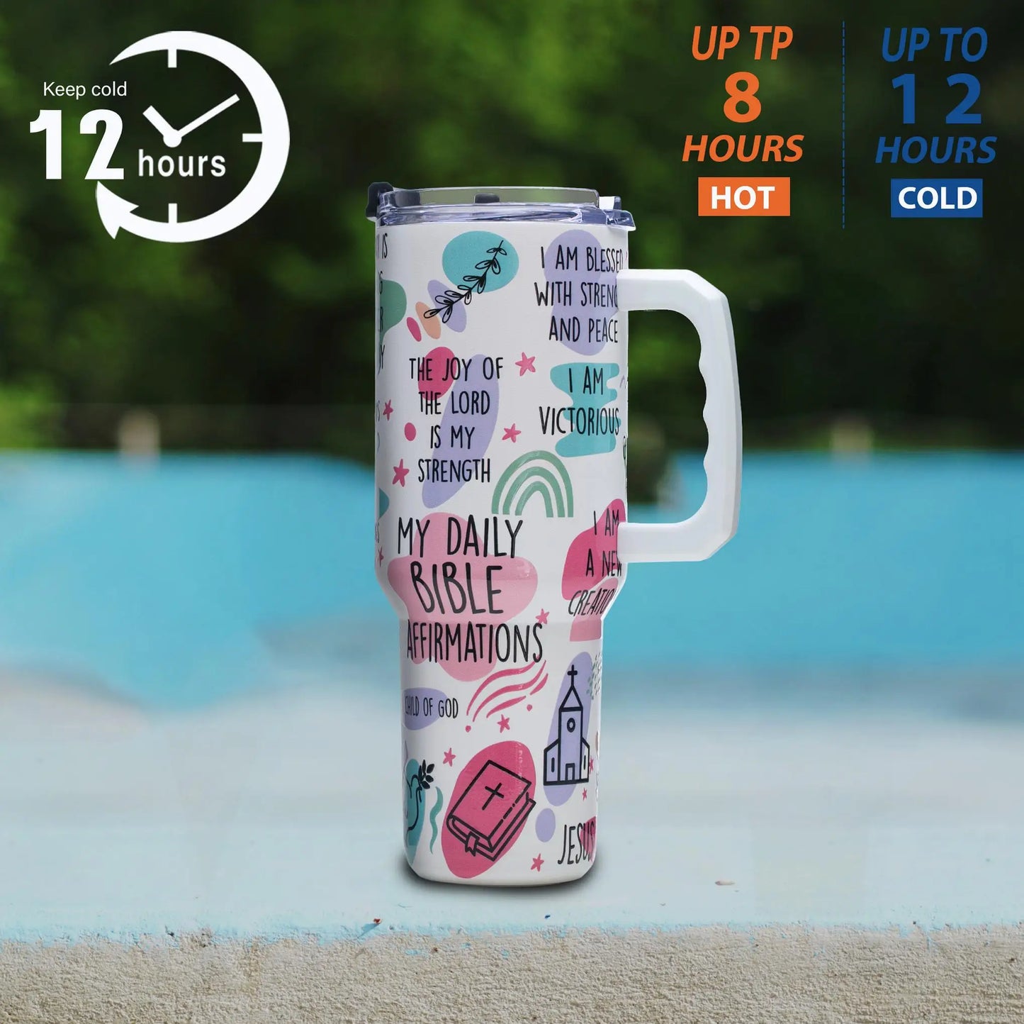 40oz Christian Tumbler with Daily Affirmations, Stainless Steel Vacuum Insulated Cup with Handle, Inspirational Gift for Her