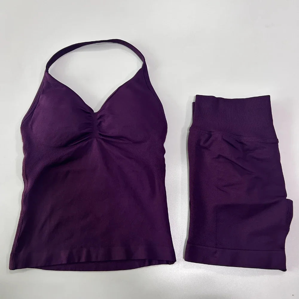 2Pcs Gym Set Women Backless Tank Tops High Waist Scrunch Seamless Shorts Gym Suit Fitness Clothes Activewear Workout Sets