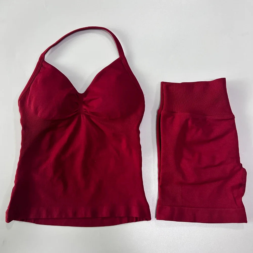 2Pcs Gym Set Women Backless Tank Tops High Waist Scrunch Seamless Shorts Gym Suit Fitness Clothes Activewear Workout Sets