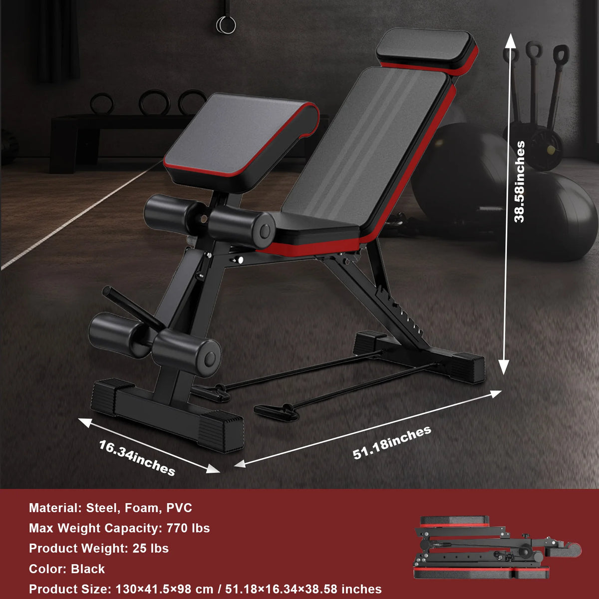 7-Level Foldable Weight Bench Adjustable Leg Extended Headrest Dumbbell Bench Incline Decline Bench for Full Body Strength Train