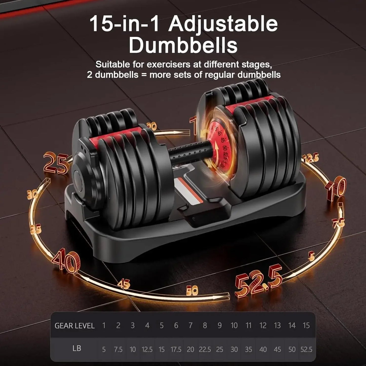 Adjustable Dumbbells Set (2 Pieces) Free Weights Dumbbells Set Adjustable Dumbbell Set 52.5 lbs per piece, 105 lbs total 15-in-1