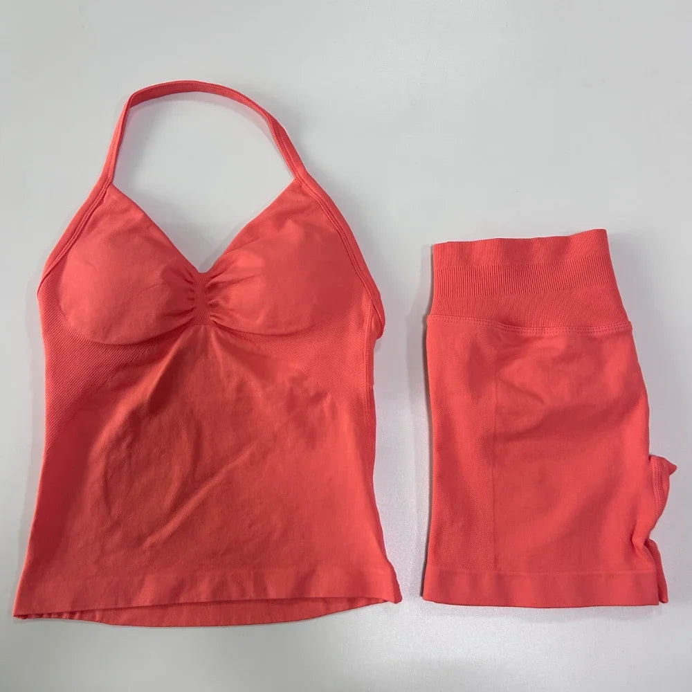 2Pcs Gym Set Women Backless Tank Tops High Waist Scrunch Seamless Shorts Gym Suit Fitness Clothes Activewear Workout Sets