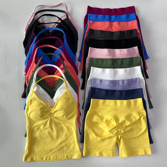 2Pcs Gym Set Women Backless Tank Tops High Waist Scrunch Seamless Shorts Gym Suit Fitness Clothes Activewear Workout Sets