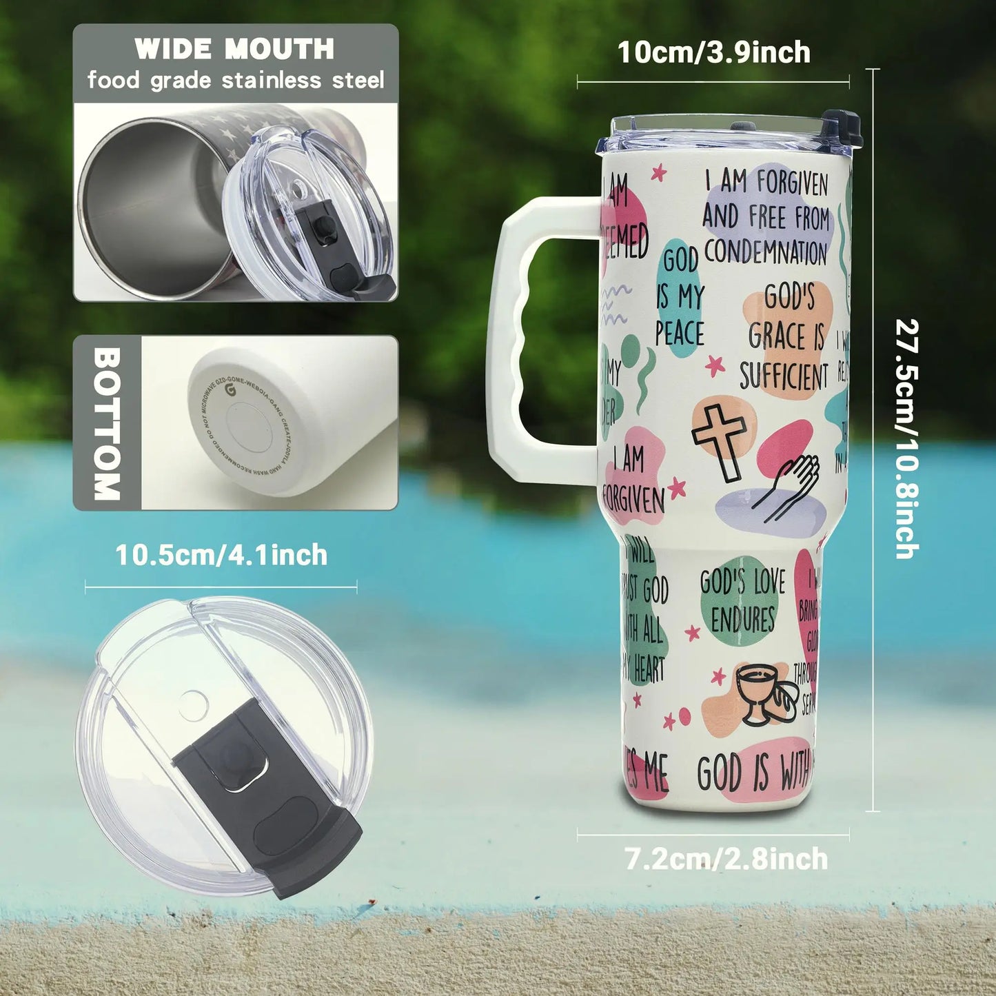 40oz Christian Tumbler with Daily Affirmations, Stainless Steel Vacuum Insulated Cup with Handle, Inspirational Gift for Her