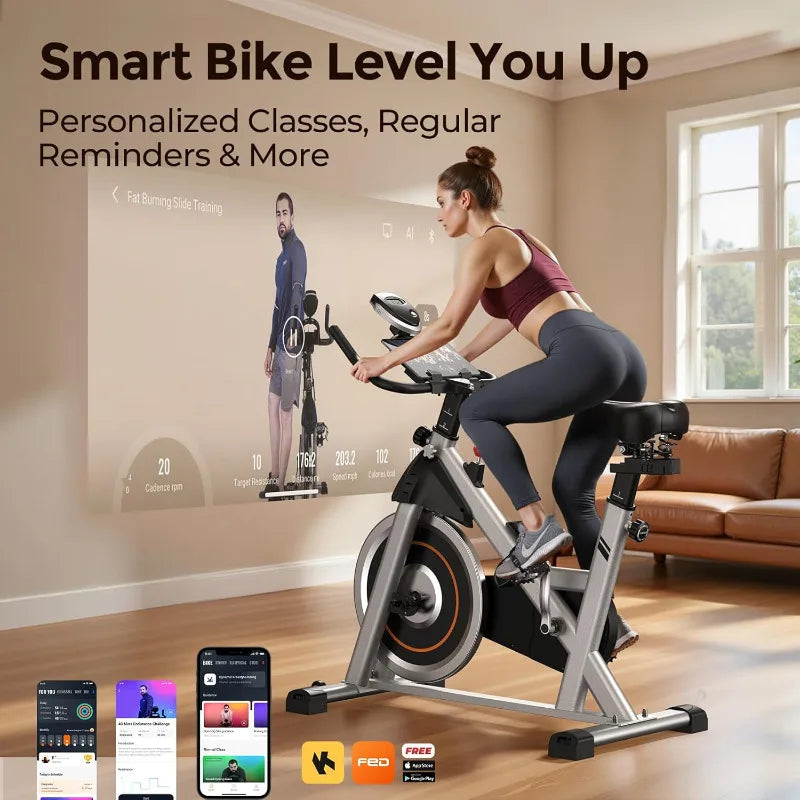 Exercise Bike, Brake Pad Stationary Bike for Home with Exclusive App, Magnetic Indoor Cycling Bike with 300 lb Weight Capacity