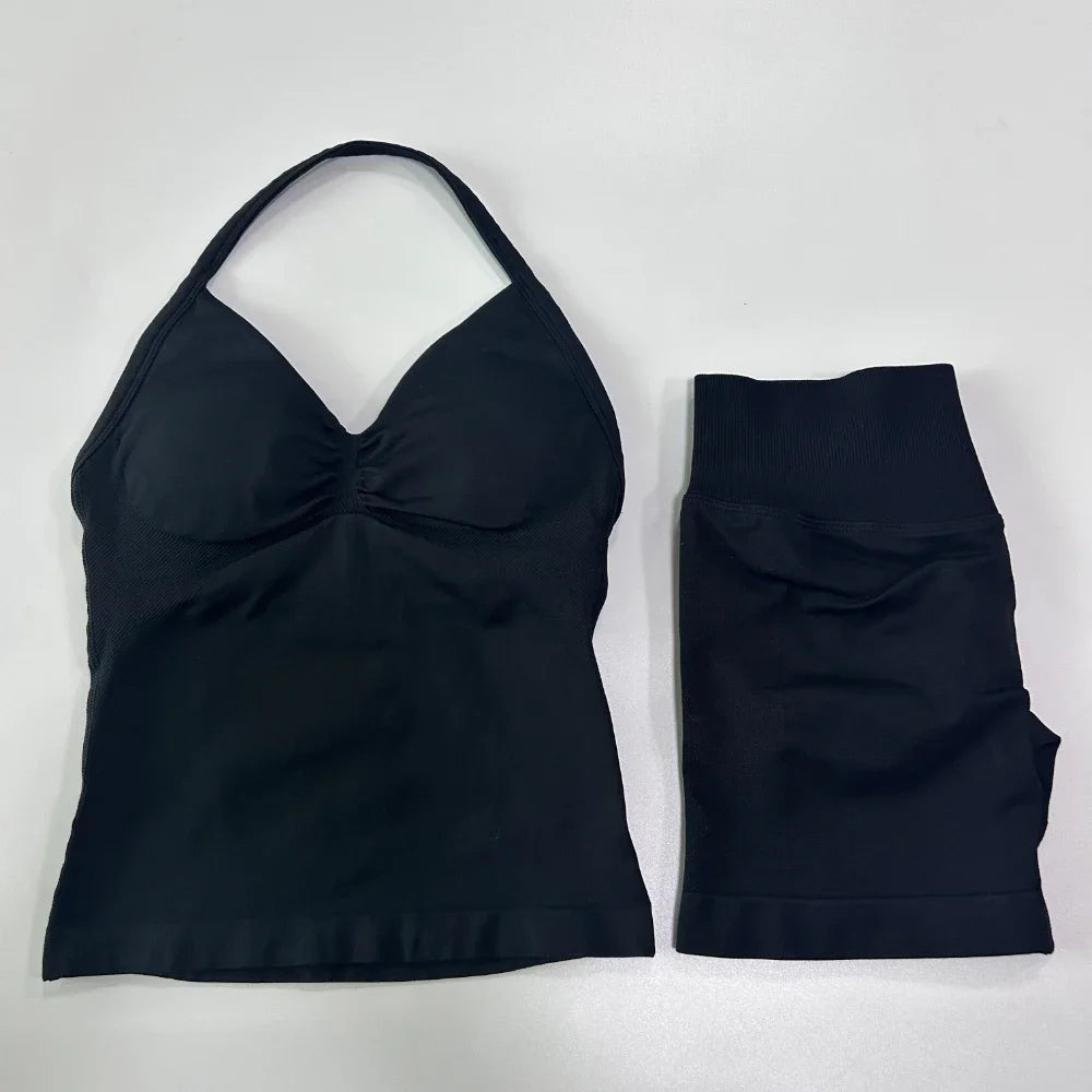 2Pcs Gym Set Women Backless Tank Tops High Waist Scrunch Seamless Shorts Gym Suit Fitness Clothes Activewear Workout Sets