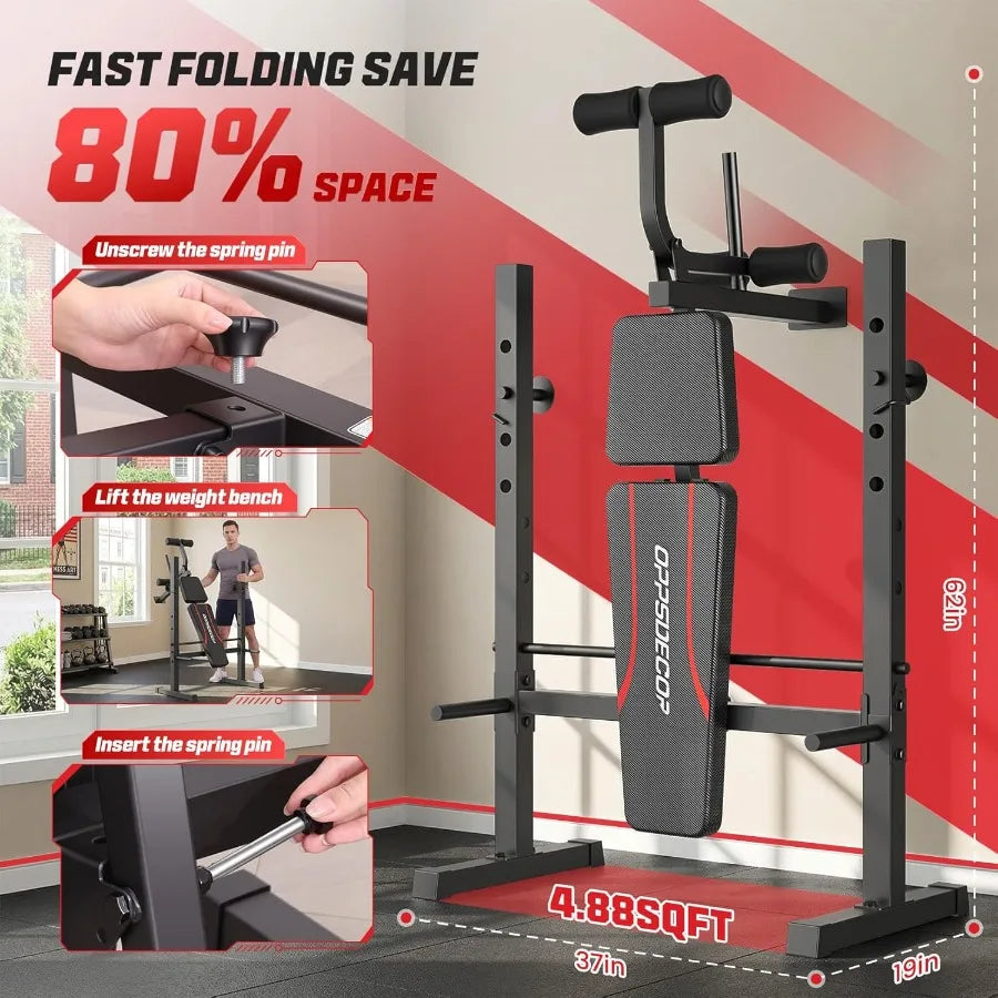 Multi-Function Adjustable Weight Bench Set with Squat Rack Leg Extension Leg Curl for Home Gym Foldable Flat/Incline/Decline Wo