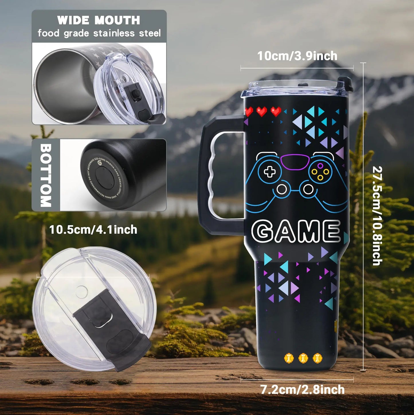 Gaming Controller 40oz Vacuum Tumbler, Stainless Steel Cup with Handle, Straw, Flip Lid, Wide Mouth, Gift for Husband