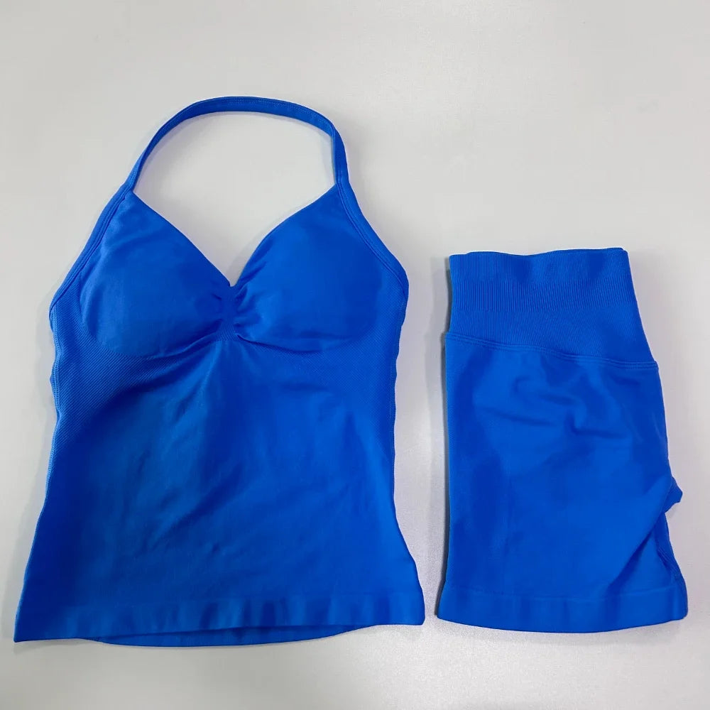 2Pcs Gym Set Women Backless Tank Tops High Waist Scrunch Seamless Shorts Gym Suit Fitness Clothes Activewear Workout Sets