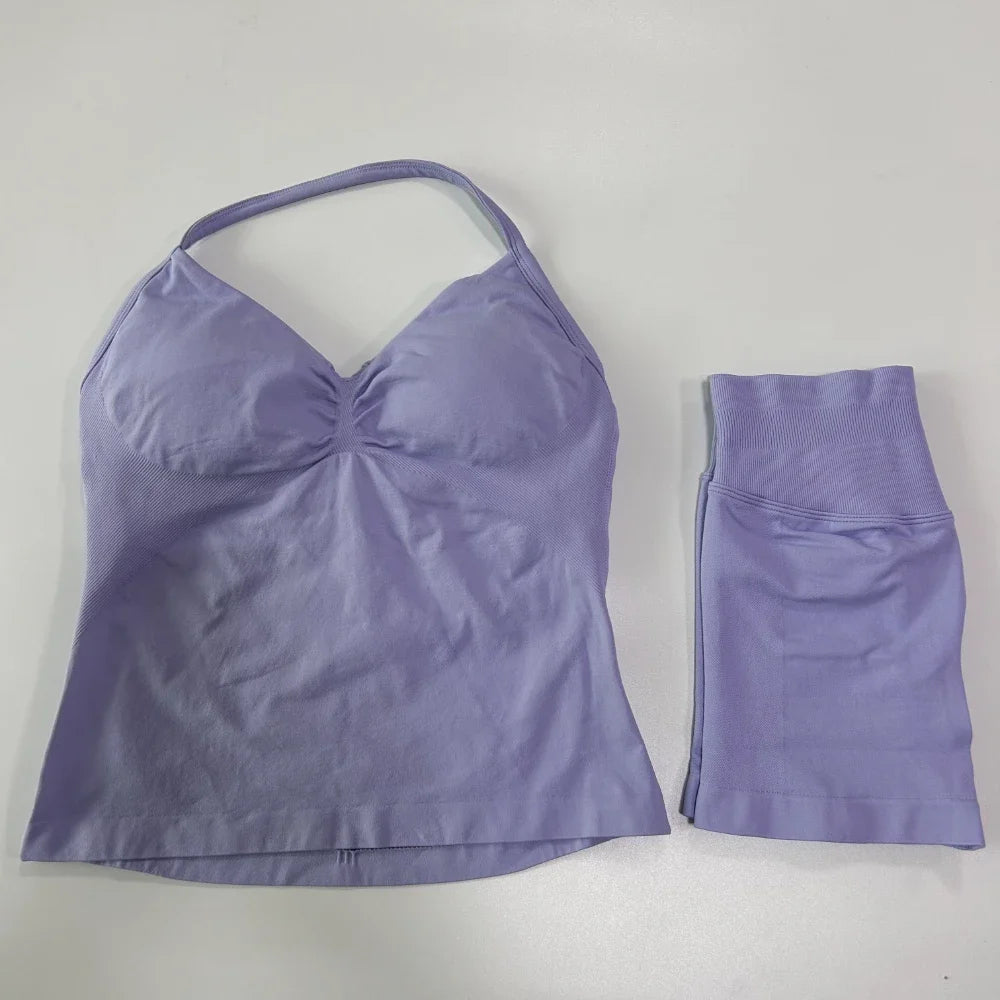 2Pcs Gym Set Women Backless Tank Tops High Waist Scrunch Seamless Shorts Gym Suit Fitness Clothes Activewear Workout Sets