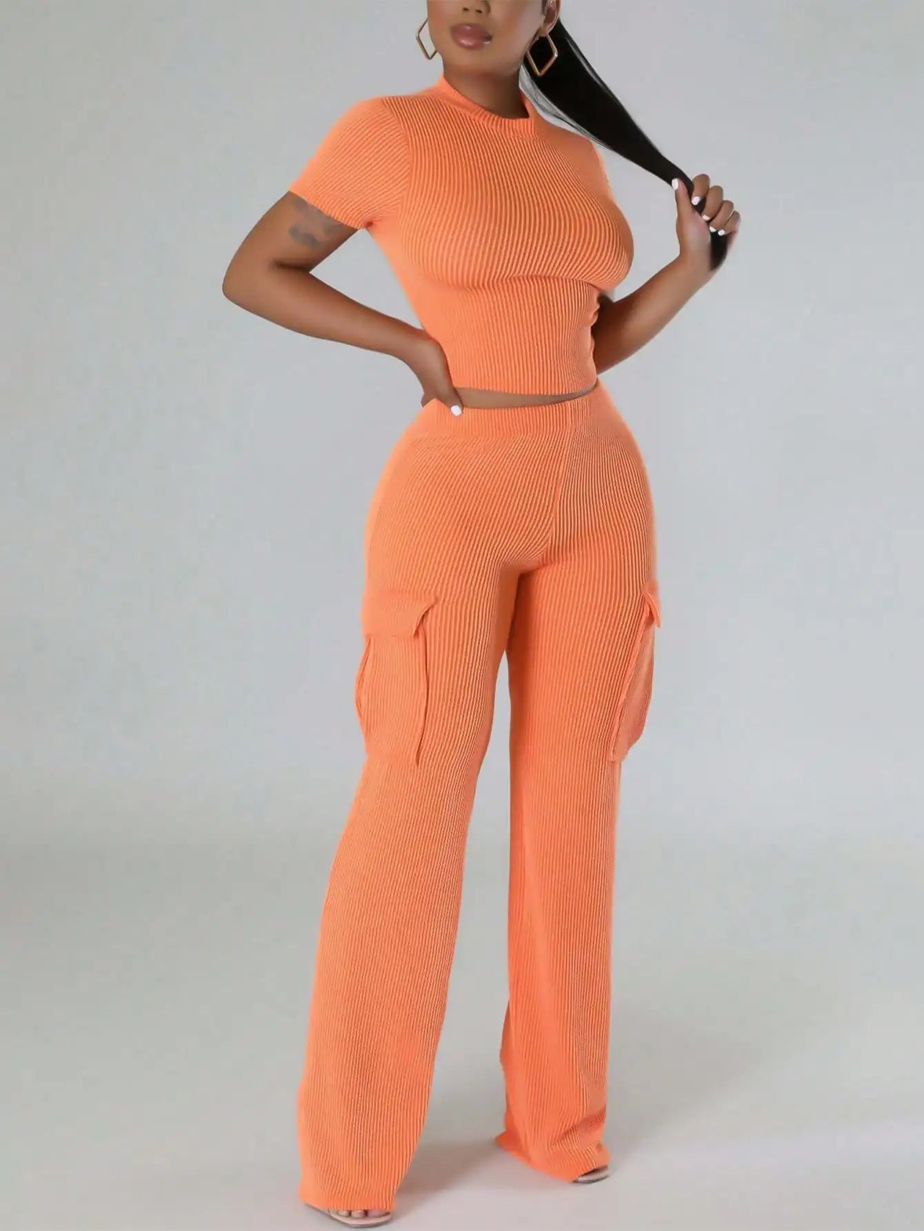 Women's Ribbed Two-Piece Tracksuit Set - Short Sleeve Crop Top & High Waisted Wide Leg Pants - Casual Sporty Outfit for Gym