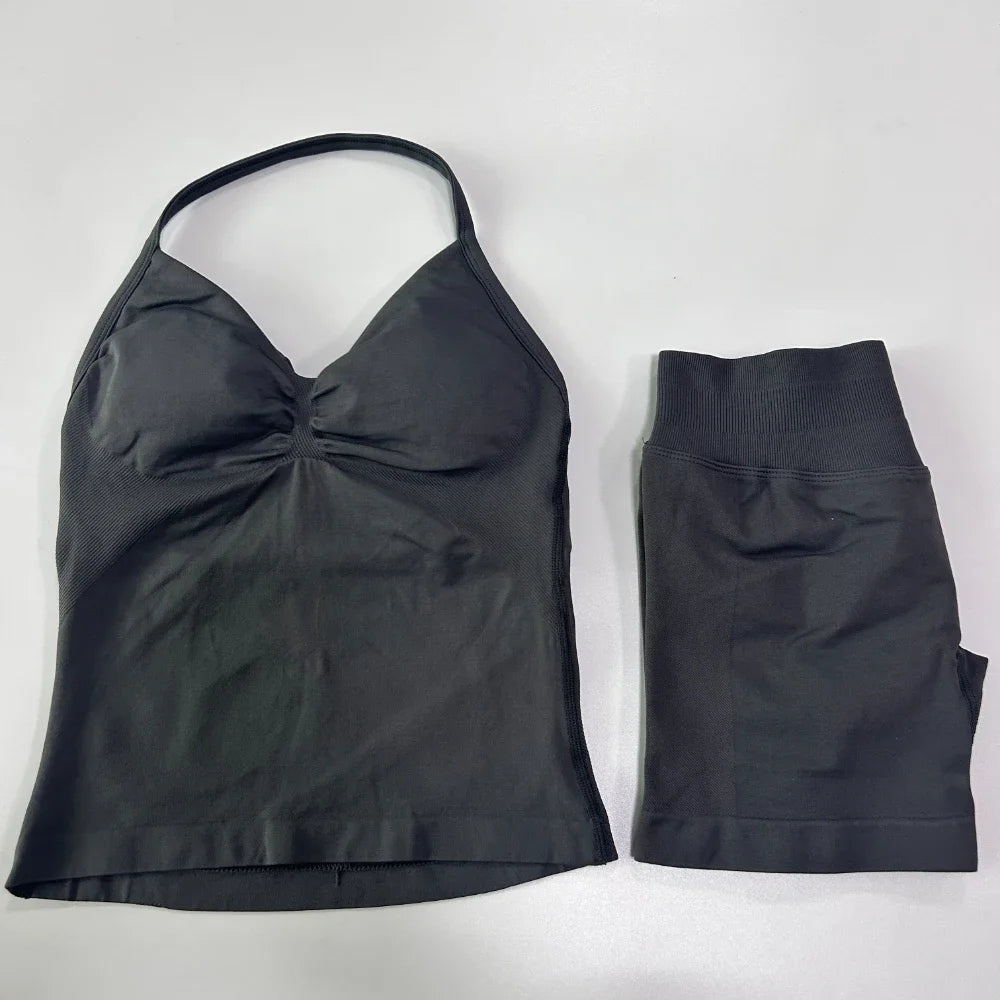 2Pcs Gym Set Women Backless Tank Tops High Waist Scrunch Seamless Shorts Gym Suit Fitness Clothes Activewear Workout Sets