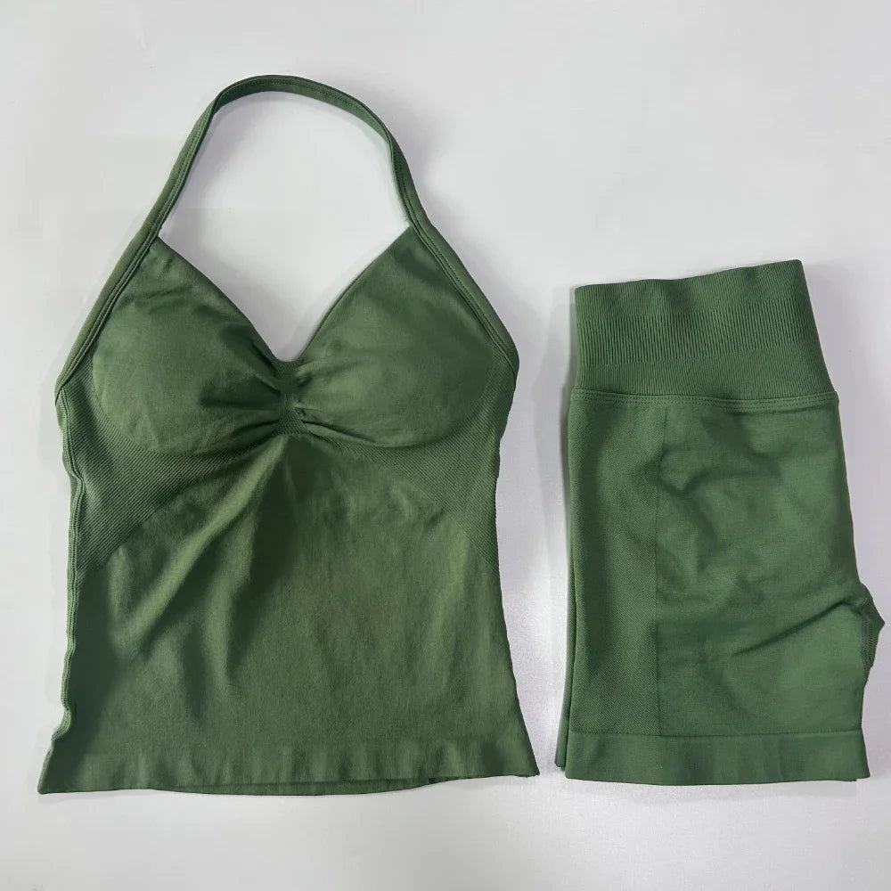 2Pcs Gym Set Women Backless Tank Tops High Waist Scrunch Seamless Shorts Gym Suit Fitness Clothes Activewear Workout Sets