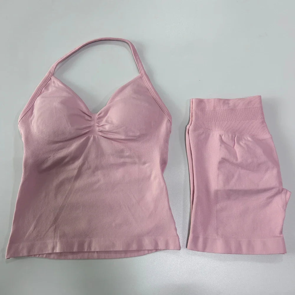 2Pcs Gym Set Women Backless Tank Tops High Waist Scrunch Seamless Shorts Gym Suit Fitness Clothes Activewear Workout Sets