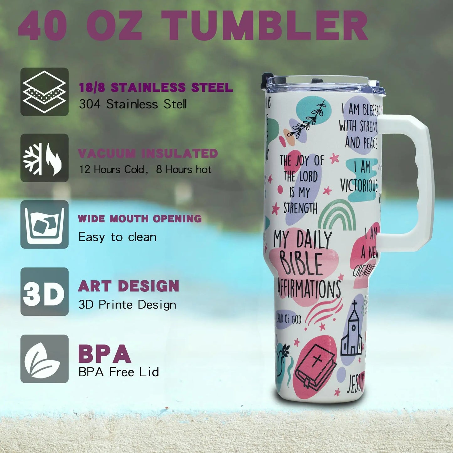40oz Christian Tumbler with Daily Affirmations, Stainless Steel Vacuum Insulated Cup with Handle, Inspirational Gift for Her