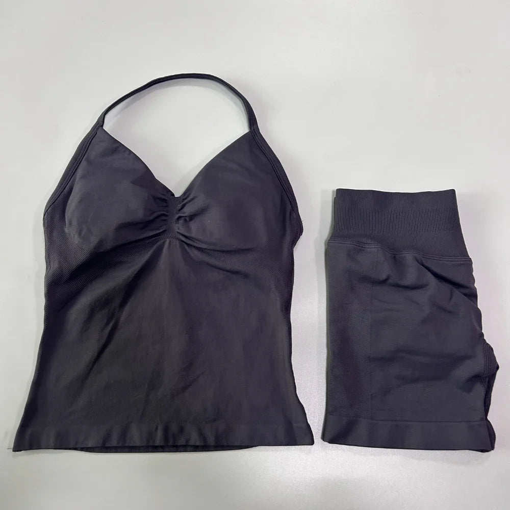 2Pcs Gym Set Women Backless Tank Tops High Waist Scrunch Seamless Shorts Gym Suit Fitness Clothes Activewear Workout Sets