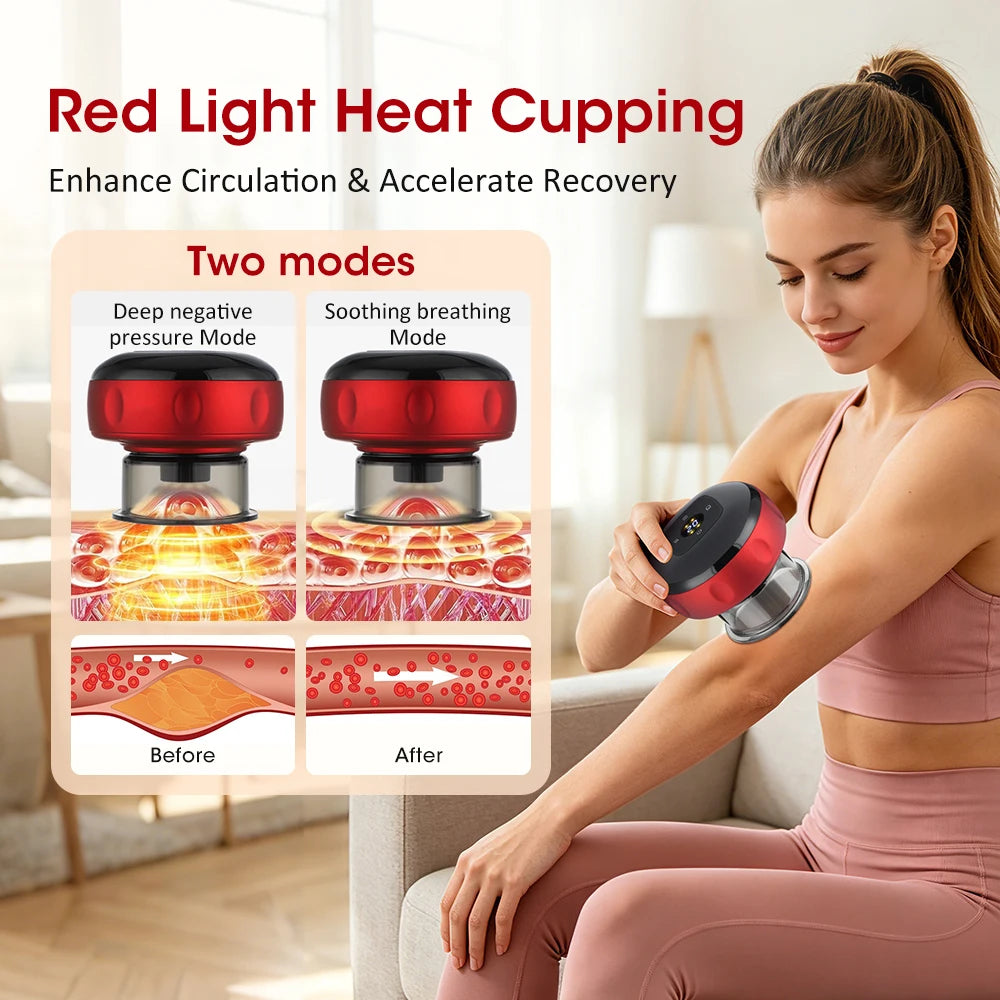 Electric Cupping Massager 12 Levels Vacuum Suction Red Light Heating LCD Display 20Min Timer Body Relaxation Care Gua Sha Tool