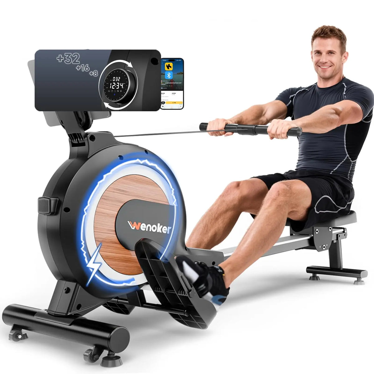 Rowing Machine, Magnetic Rowing Machine for Home, Upgraded 32-Levels Resistance with Smart Electronic Knob, 350 LBS Weight Capacity, Compact Rower Machine Easy Assembly.