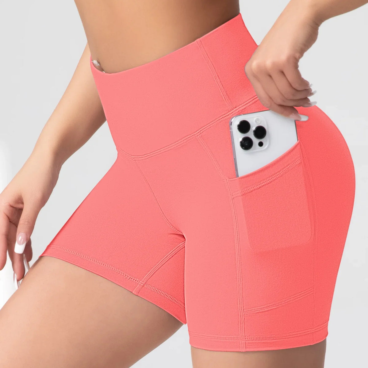 Women High Waist Yoga Shorts with Pockets Butt Lifting Cycling Tights Elastic Slim Running Fitness Sportswear