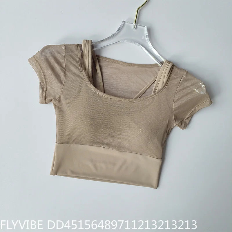 Women Pilates Training Fitness Suit Built‑in Chest Pad Quick Dry Short Sleeve Yoga Top Breathable High‑End Feel Gym Workout Activewear