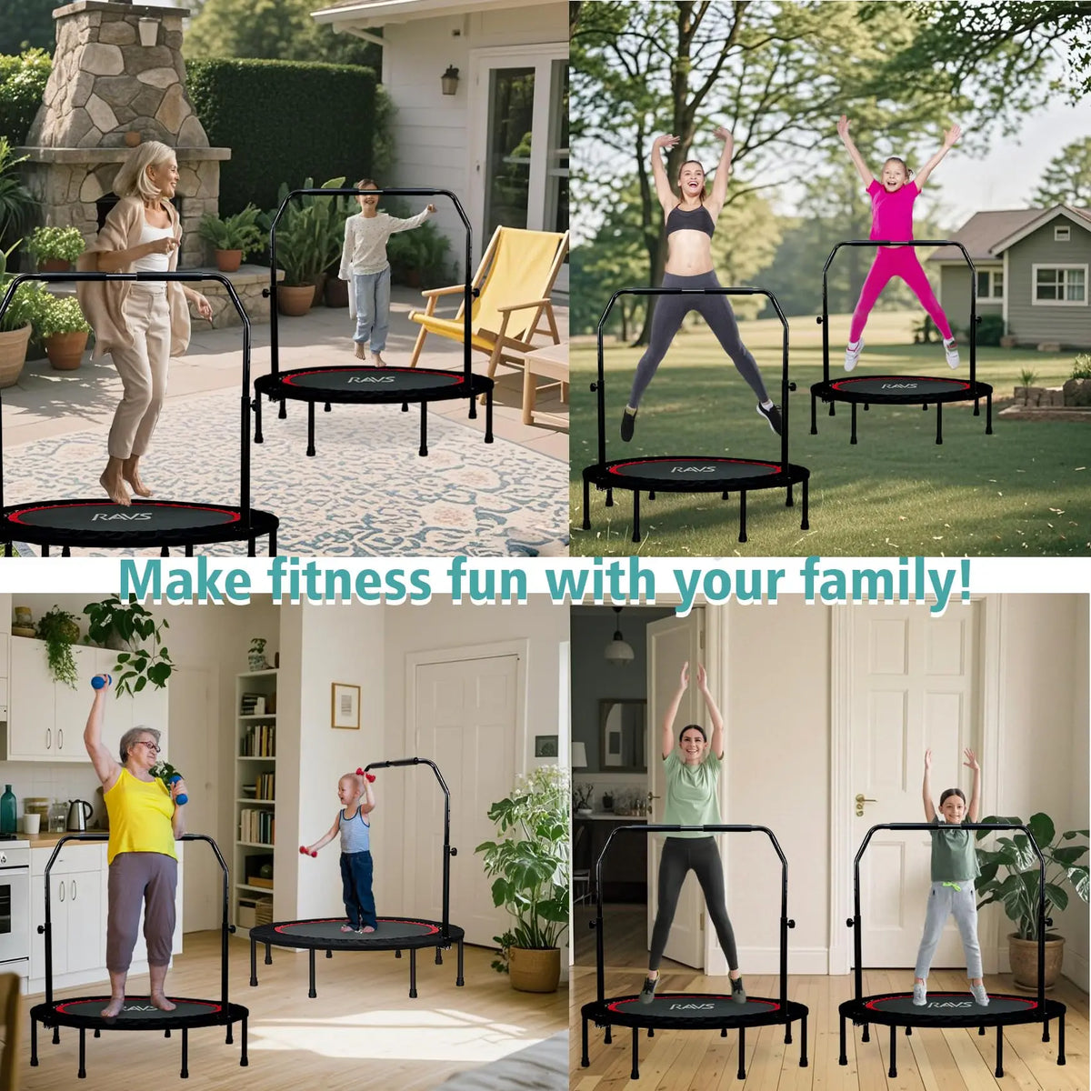 Sweetest Day Health & Wellness Gift RAVS 40" Foldable Fitness Trampoline, Mini Rebounder Trampoline with  Adjustable Handrail, Indoor & Outdoor Home Workout Jumping Trampoline for Whole Family