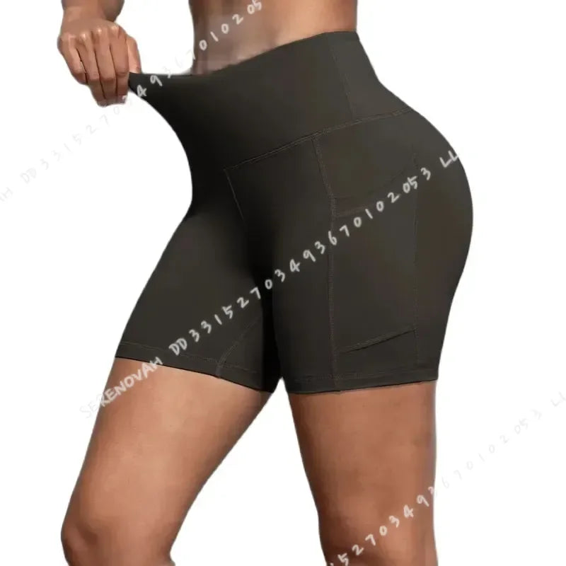 Women High Waist Yoga Shorts with Pockets Butt Lifting Cycling Tights Elastic Slim Running Fitness Sportswear