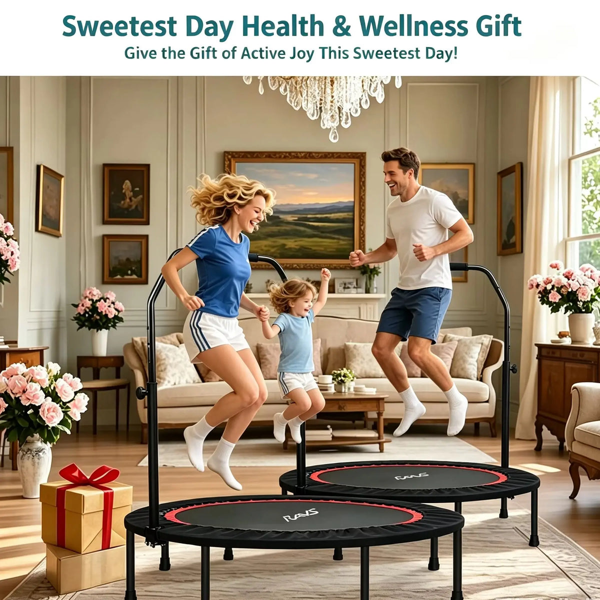 Sweetest Day Health & Wellness Gift RAVS 40" Foldable Fitness Trampoline, Mini Rebounder Trampoline with  Adjustable Handrail, Indoor & Outdoor Home Workout Jumping Trampoline for Whole Family