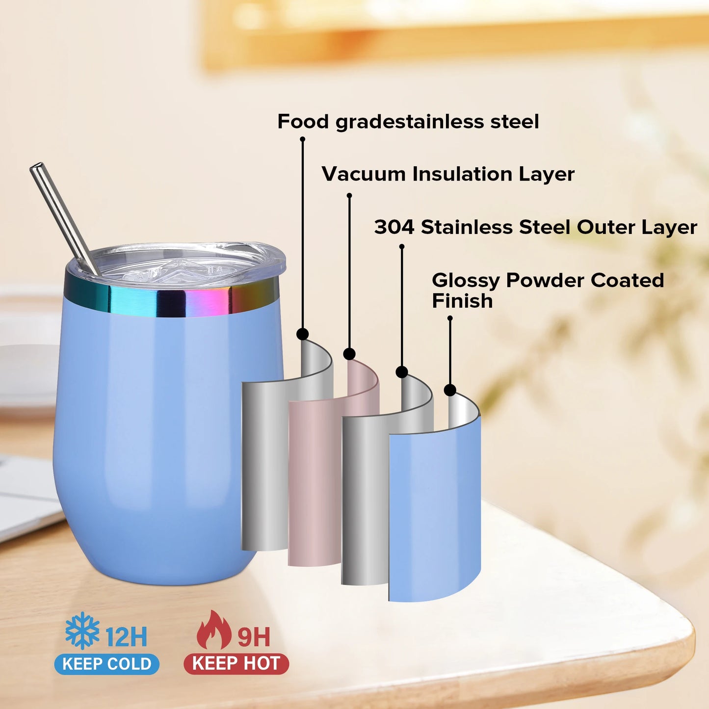 12 Pack 12 oz With Cap Stainless Steel Insulated Stemless Double Wall Vacuum Wine Glass,for laser Engraving Gifts,6 Colors