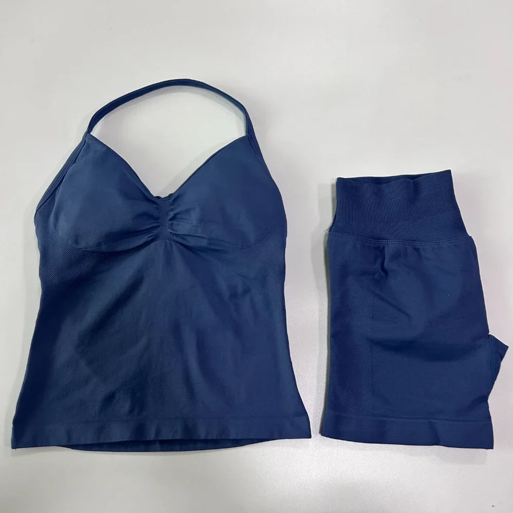2Pcs Gym Set Women Backless Tank Tops High Waist Scrunch Seamless Shorts Gym Suit Fitness Clothes Activewear Workout Sets