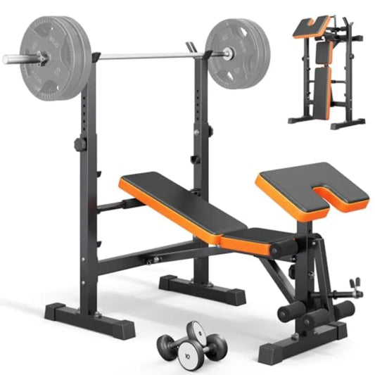 Multi-Function 6 in 1 Weight Bench Set for Home Gym - Adjustable Steel Bench with Leg Press and Preacher Curl Rack Black Full B