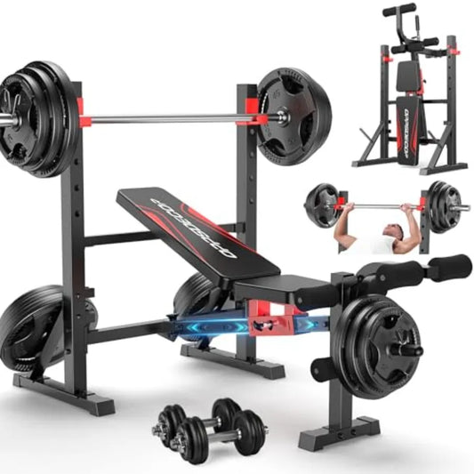 900 LBS Weight Bench Set with Squat Rack Adjustable Flat/Incline/Decline Bench Press Set with Leg Extension and Leg Curl Foldab