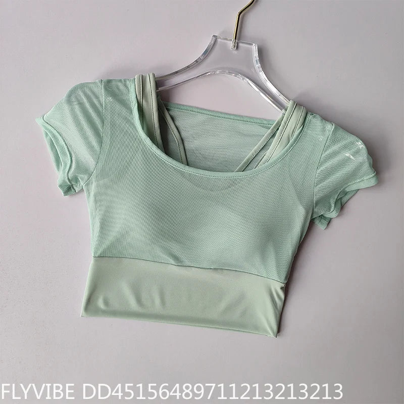 Women Pilates Training Fitness Suit Built‑in Chest Pad Quick Dry Short Sleeve Yoga Top Breathable High‑End Feel Gym Workout Activewear