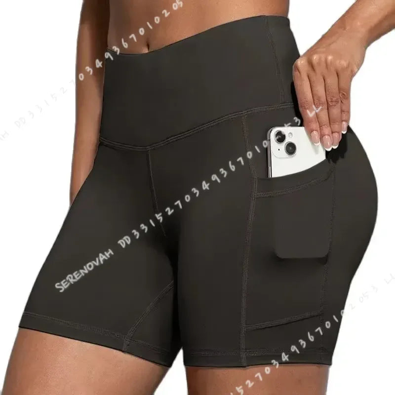 Women High Waist Yoga Shorts with Pockets Butt Lifting Cycling Tights Elastic Slim Running Fitness Sportswear