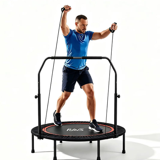 Sweetest Day Health & Wellness Gift RAVS 40" Foldable Fitness Trampoline, Mini Rebounder Trampoline with  Adjustable Handrail, Indoor & Outdoor Home Workout Jumping Trampoline for Whole Family