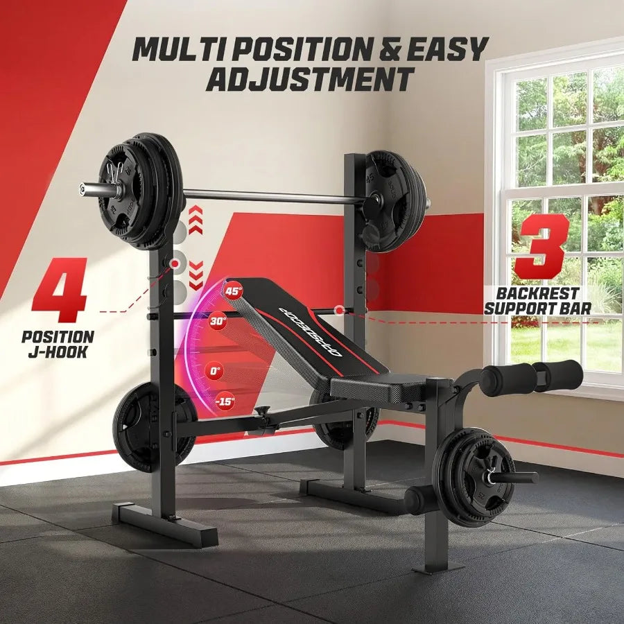 Multi-Function Adjustable Weight Bench Set with Squat Rack Leg Extension Leg Curl for Home Gym Foldable Flat/Incline/Decline Wo