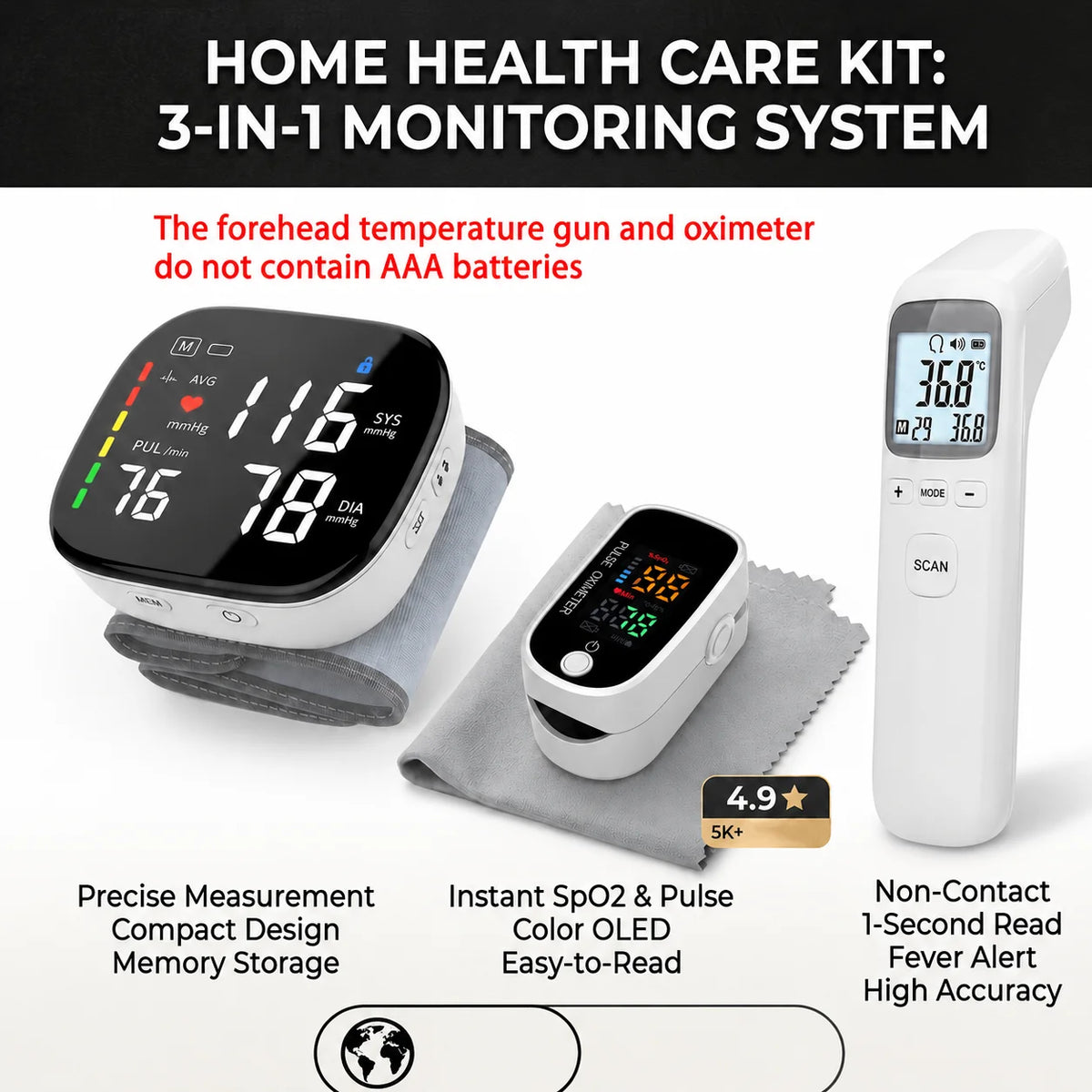 2-3 pcs Blood Pressure, SpO2 & Temperature Monitoring, Rechargeable Blood Pressure Monitor Large Font Large-sized LCD Screen Voice Broadcast Portable Capable of Storing Monitoring Data