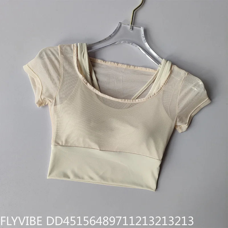 Women Pilates Training Fitness Suit Built‑in Chest Pad Quick Dry Short Sleeve Yoga Top Breathable High‑End Feel Gym Workout Activewear