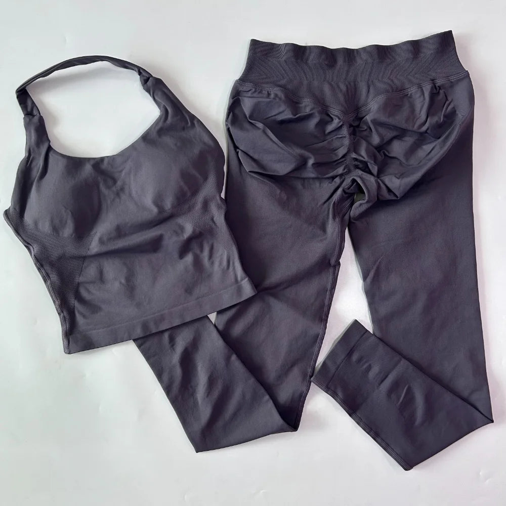 2pcs Women's Gym Set Backless Tank Top High Waist Scrunch Shorts Seamless Fitness Activewear Workout Suit