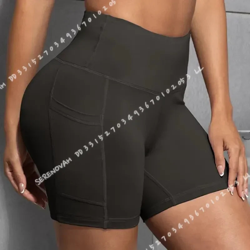 Women High Waist Yoga Shorts with Pockets Butt Lifting Cycling Tights Elastic Slim Running Fitness Sportswear