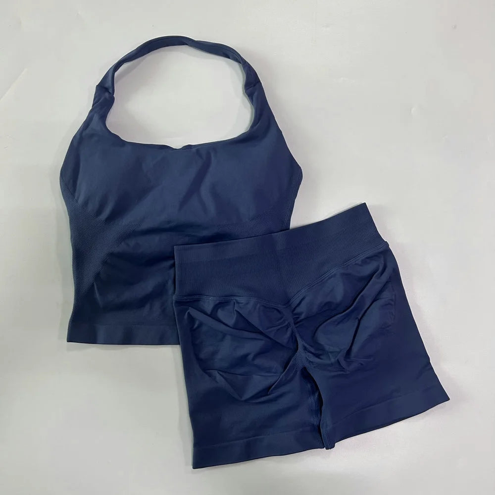 2pcs Women's Gym Set Backless Tank Top High Waist Scrunch Shorts Seamless Fitness Activewear Workout Suit