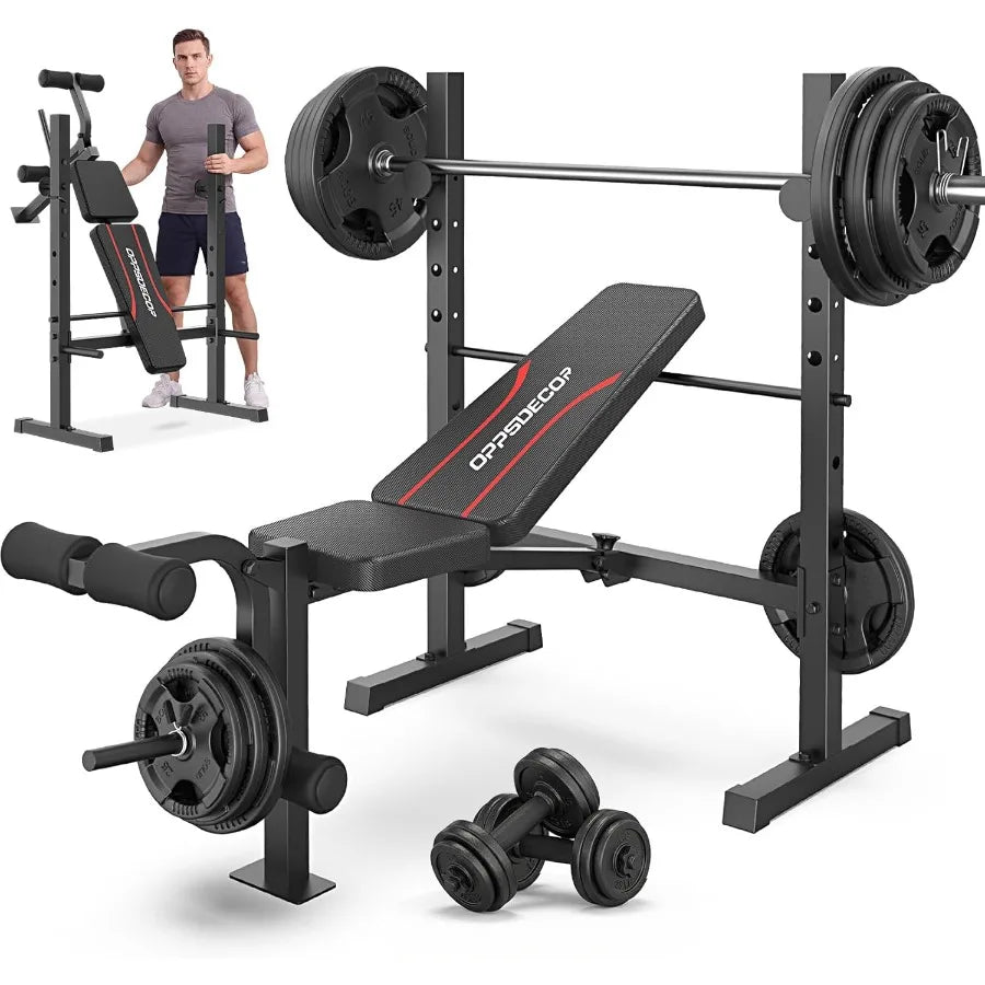 Multi-Function Adjustable Weight Bench Set with Squat Rack Leg Extension Leg Curl for Home Gym Foldable Flat/Incline/Decline Wo