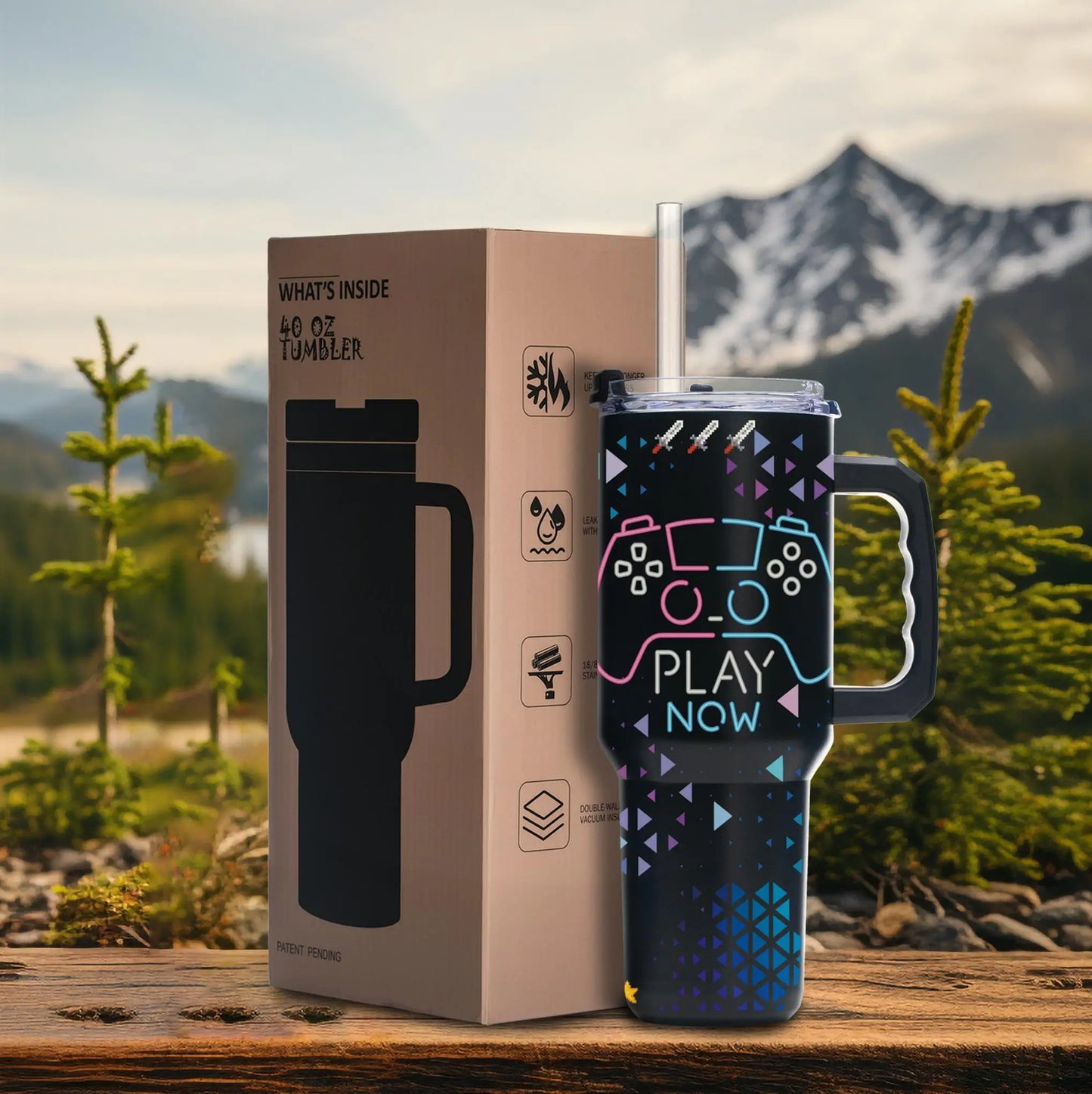 Gaming Controller 40oz Vacuum Tumbler, Stainless Steel Cup with Handle, Straw, Flip Lid, Wide Mouth, Gift for Husband