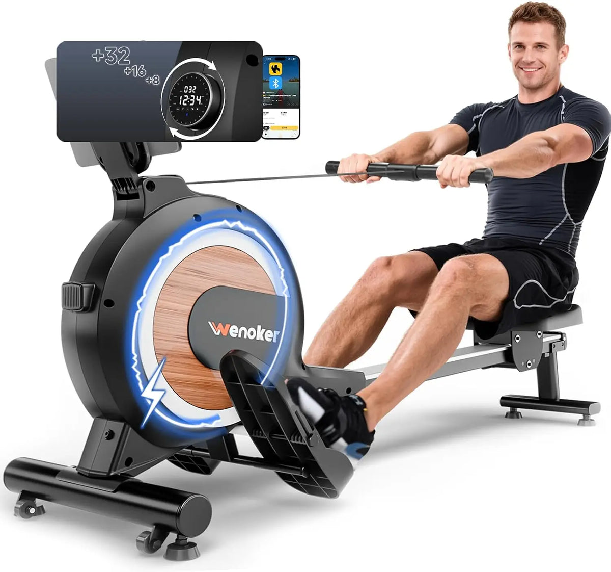 Rowing Machine, Magnetic Rowing Machine for Home, Upgraded 32-Levels Resistance with Smart Electronic Knob, 350 LBS Weight Capacity, Compact Rower Machine Easy Assembly.