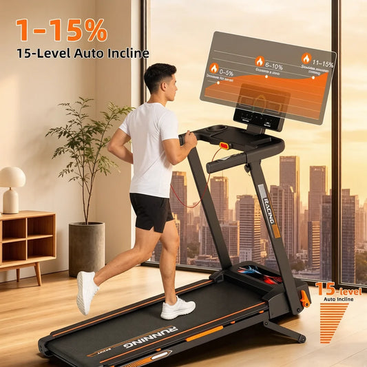 3.0HP Low Noise Folding Treadmill,15-Level Auto Incline,15.75 Inch Shock Absorption Belt,0.6-7.5MPH Adjustable Speed,330LBS Max Load,Knee Protection Indoor Home Fitness Equipment